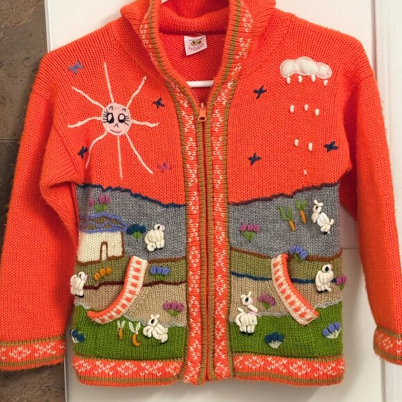 Vintage Peru Knit Kids Sweater Jacket Hoodie Zip Front 1980s - Picture 2 of 14